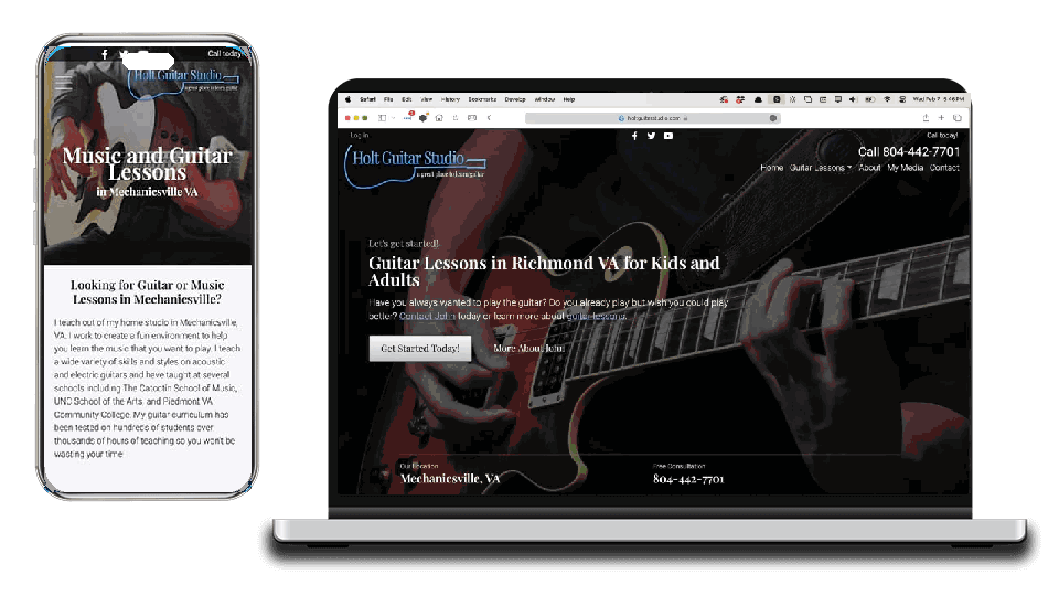 Holt Guitar Studio website on laptop and phone