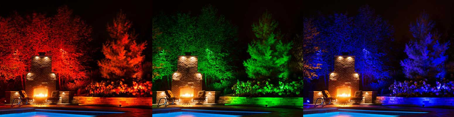 Landscape lighting in a yard at night